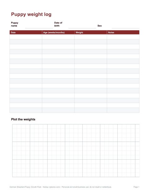 Preview of the first page of Weight log with graph (PDF)