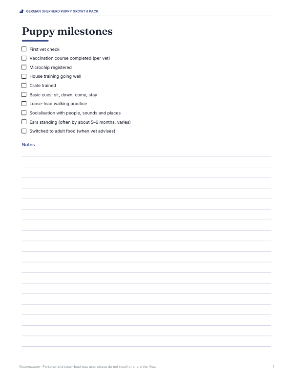 Preview of Printable German Shepherd Puppy Milestones Checklist